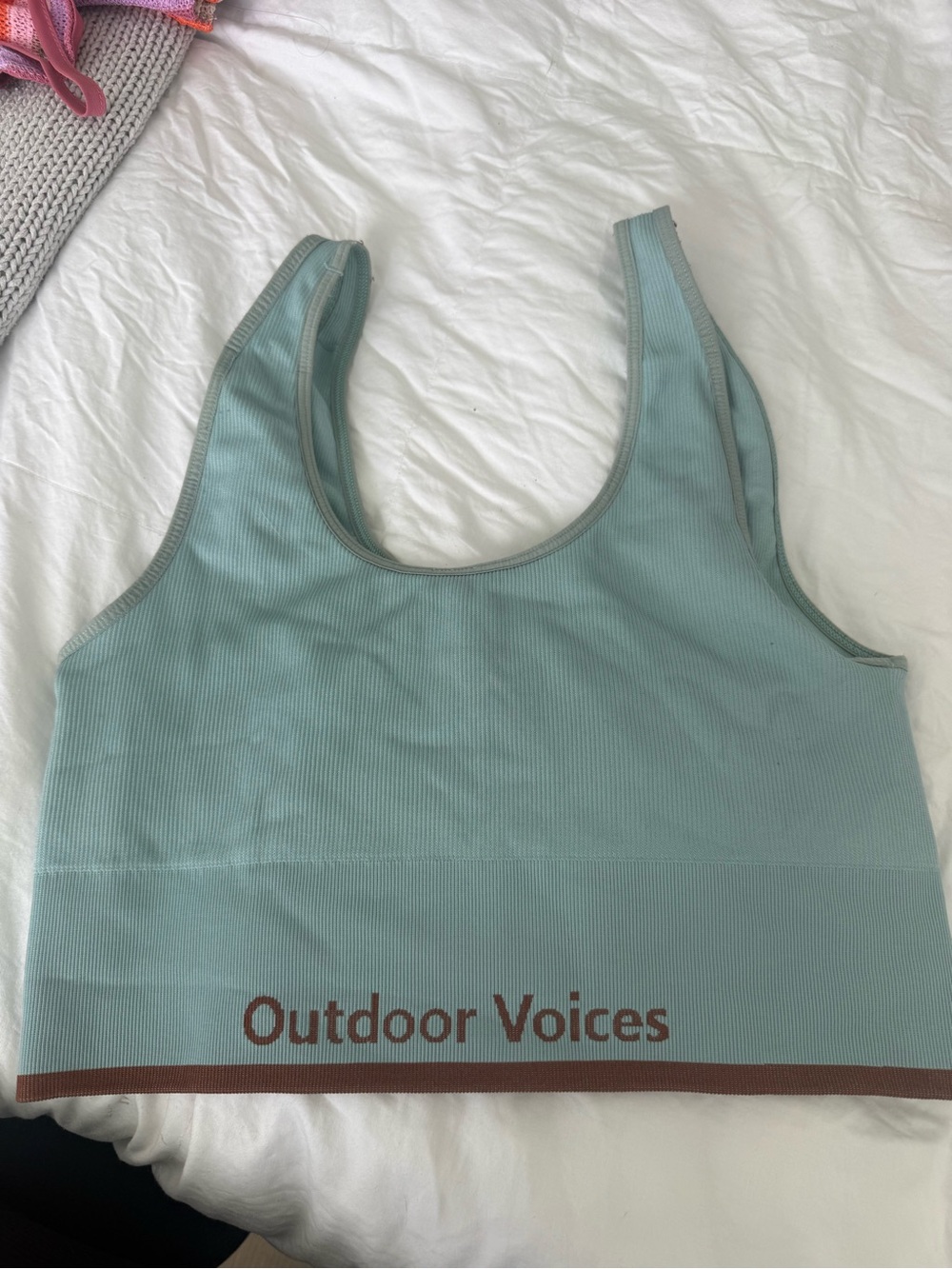 Outdoor Voices Seafoam Green Ribbed Scoop Sports Bra with Brown Trim